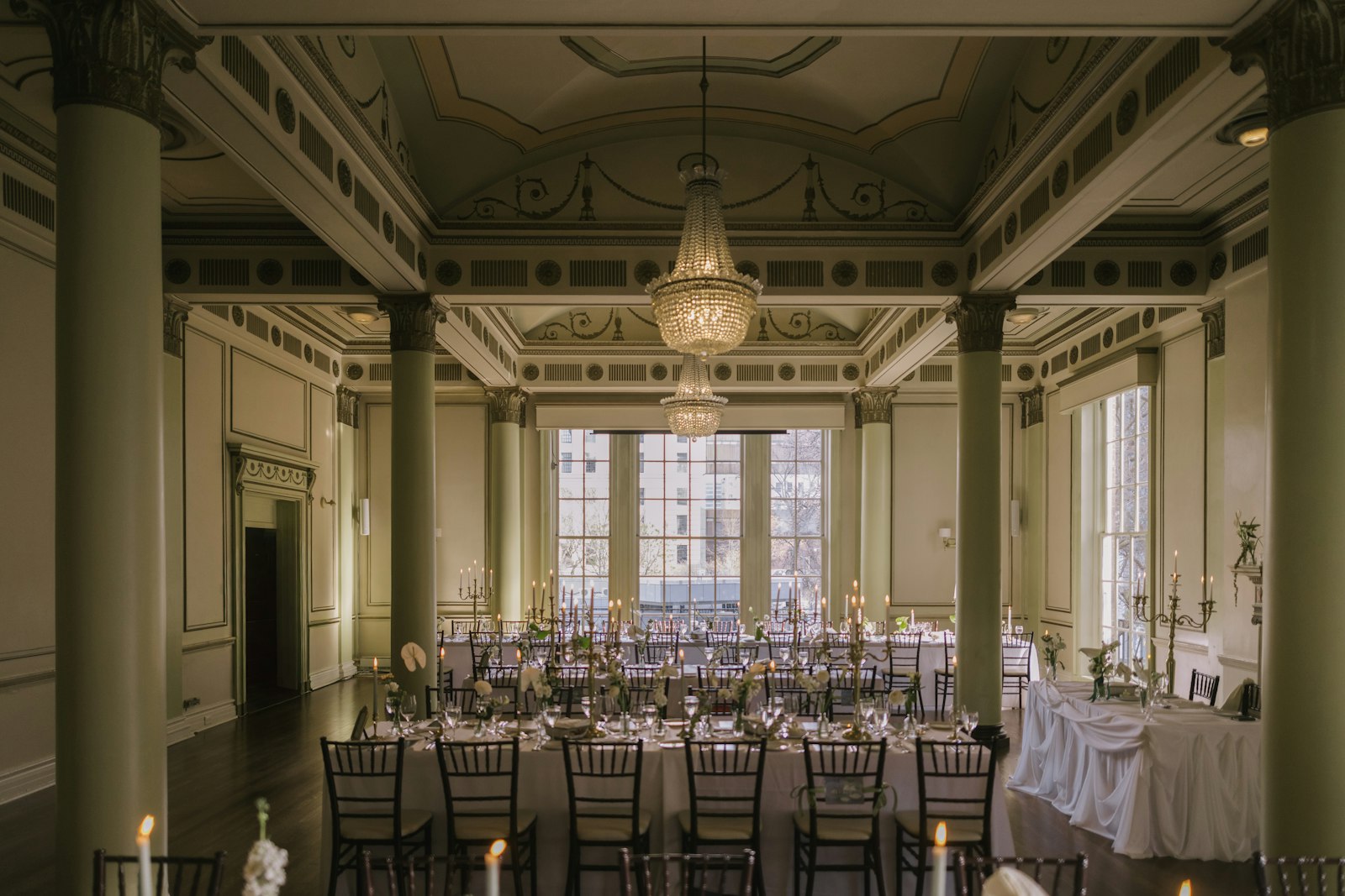 Long tables under the chandeliers
